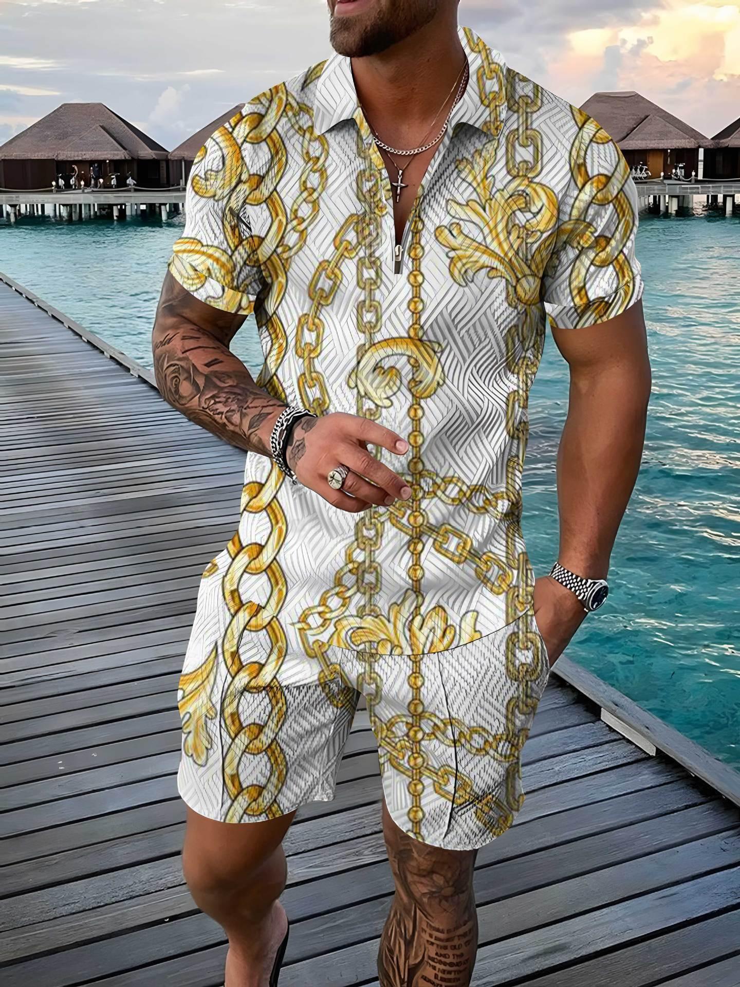 Zipper And Lapel Short Sleeve Shorts Suit