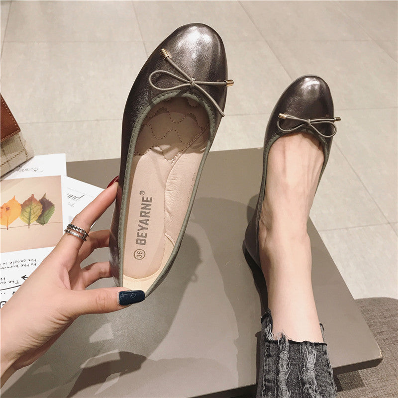 Round Toe Bowknot Low-cut Flat Bottom Pumps Women