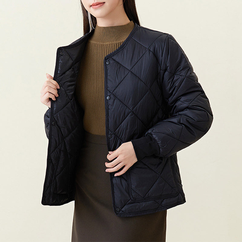 New Rhombus Sewing Cotton Coat Winter Warm Round-neck Jacket With Pockets Lightweight Outerwear For Women's Clothing