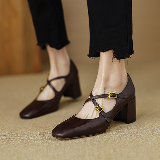 Super Textured Cross-strap Square Toe Chunky Heel Temperament Mary Jane Shoes