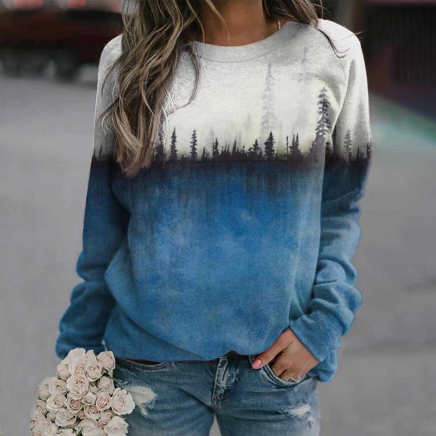 Casual Women's Pine Printed Crew Neck Sweatshirt