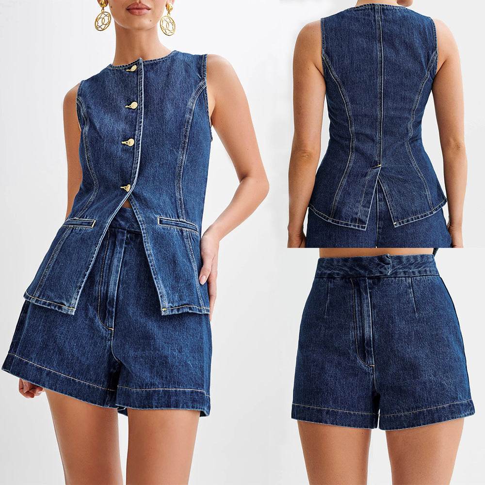 Denim Fashion Casual Sleeveless Women's Suit