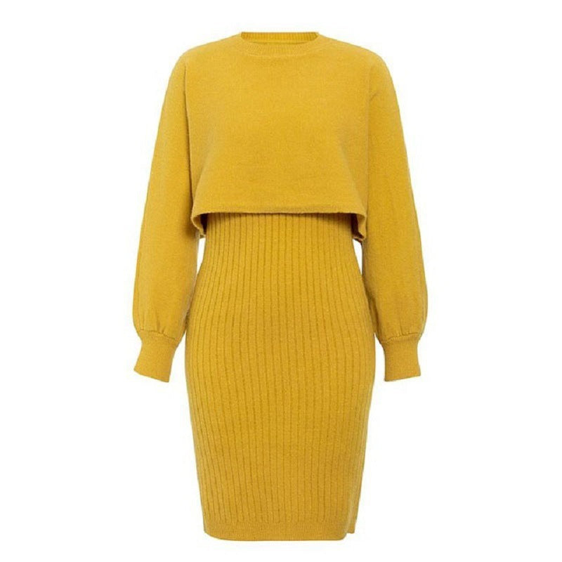 2pcs Knitted Dress Suit Fashion Solid Color Pullover Lantern-sleeved Sweater Fall Winter Women's Clothing