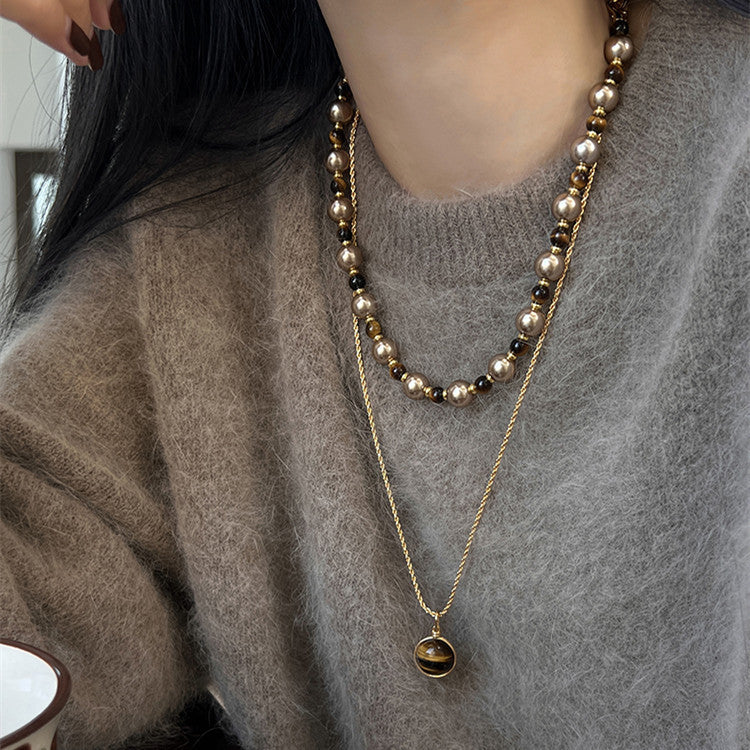 Brown Tiger Eye Pearl Necklace Autumn And Winter Light Luxury Niche Sweater Chain Women Fashion Jewelry