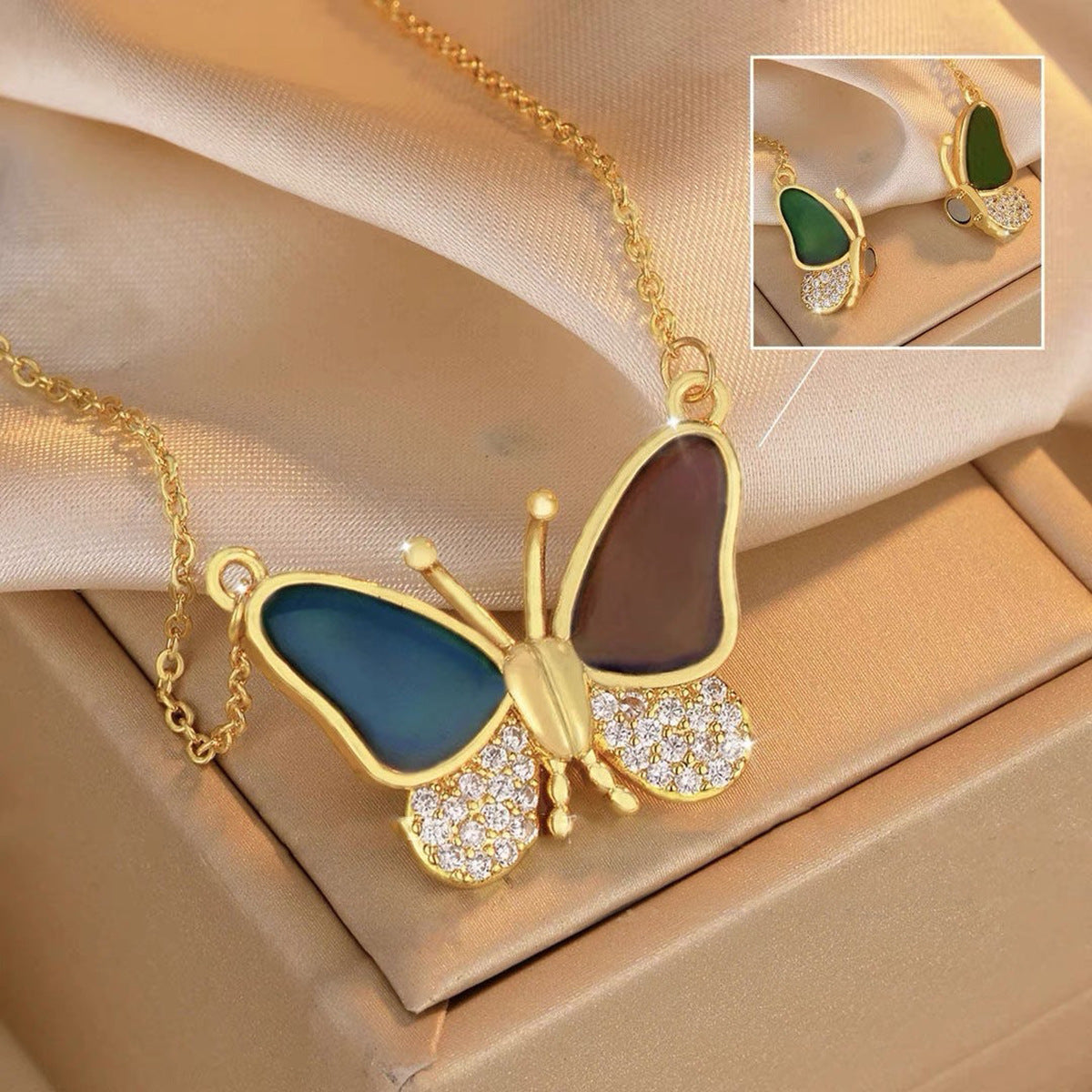 Golden Dripping Oil Variable Temperature Magnetic Butterfly Necklace