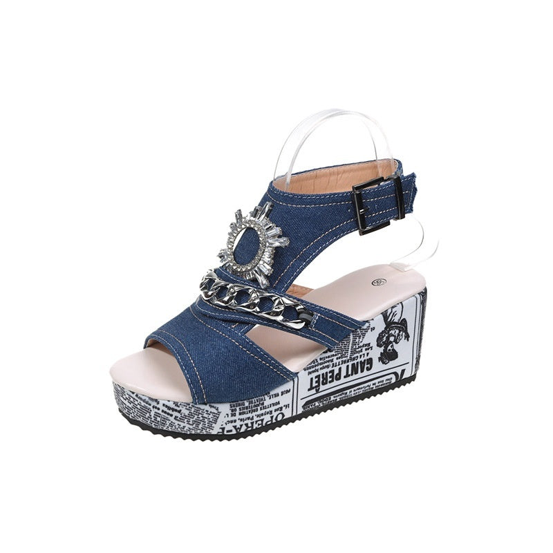 Wedge Denim Round Toe Peep Toe Sandals Fashionable And Comfortable Rhinestone High Heel Shoes