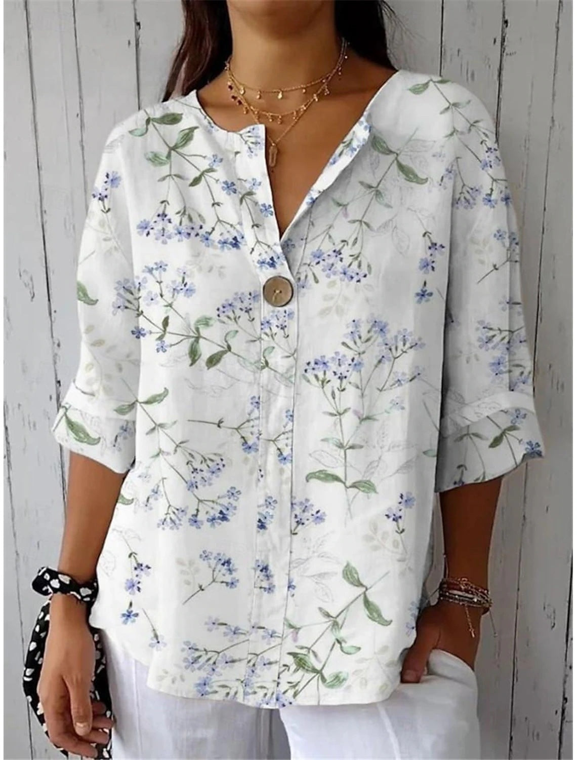 Women's Button V-neck Shirt Casual Print Top T-shirt