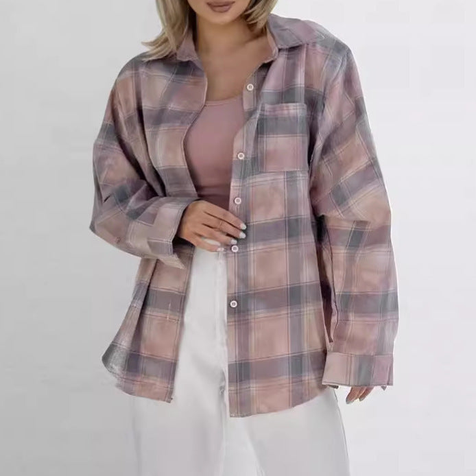 Plaid Long Sleeve Shirt Baggy Coat Women