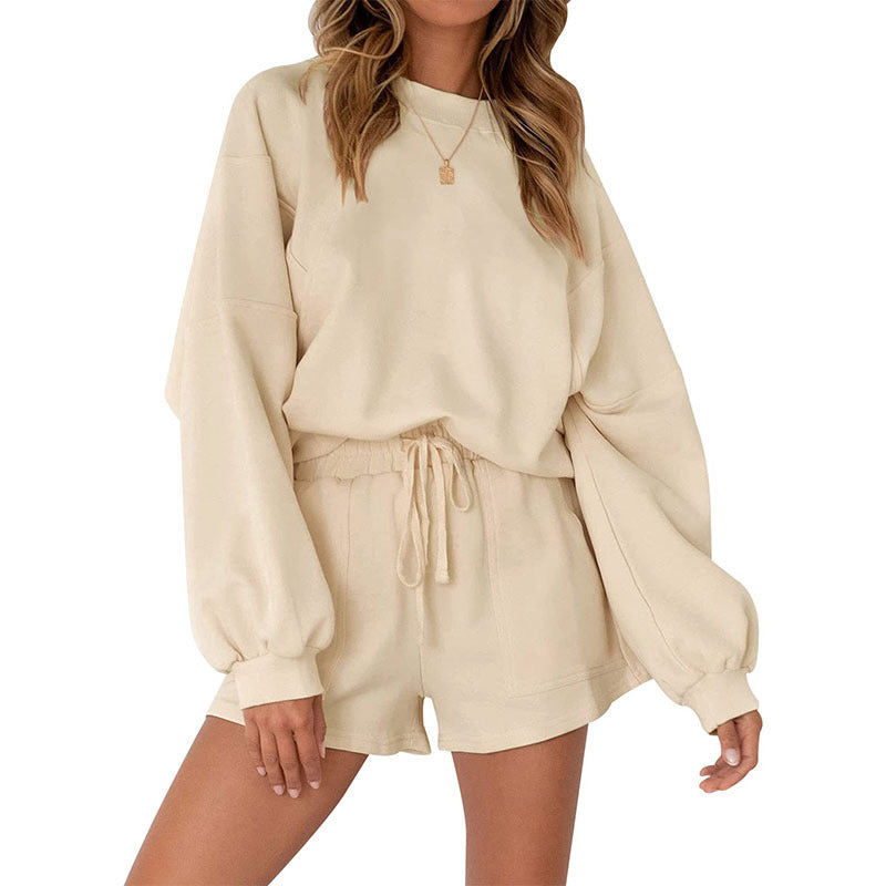 Casual Sports Sweatshirt Suits Loose Pullover Top And Drawstring Shorts Two-piece Set Womens Clothing