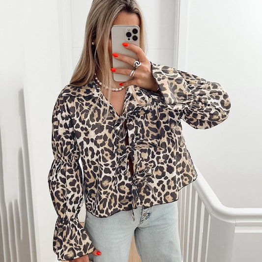 Fashion Leopard Print Lace-up Puff Sleeve Women's Top