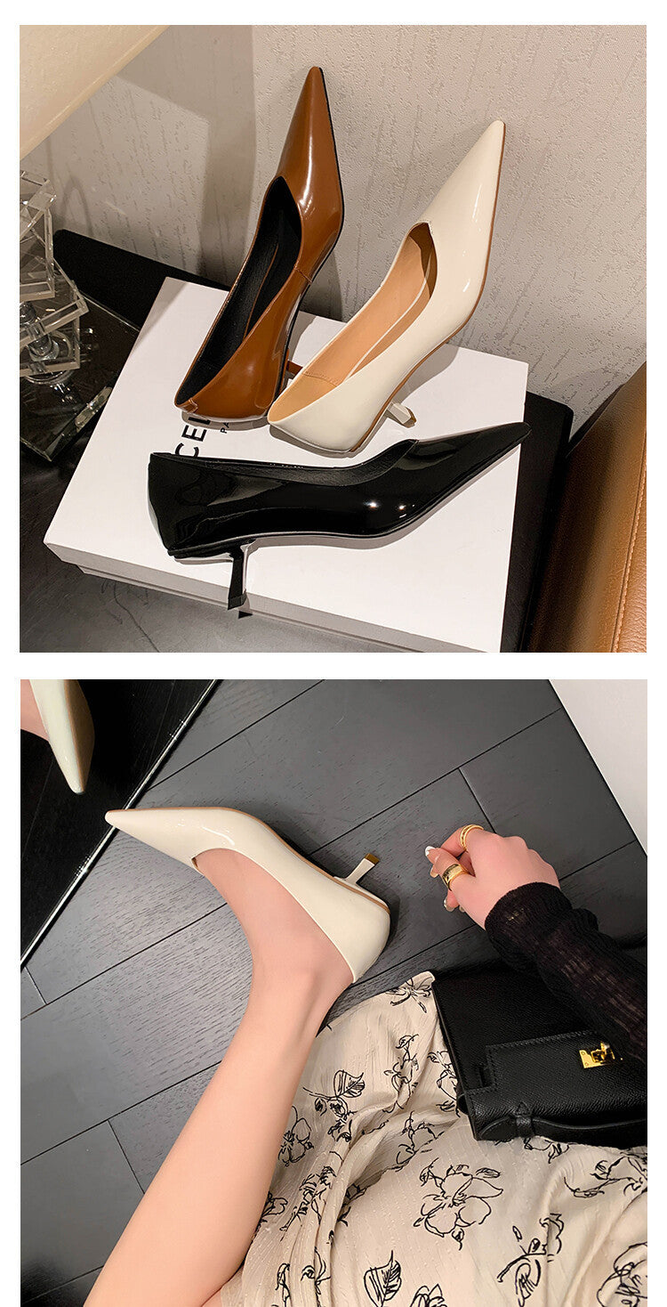 Stiletto Heel Pointed Toe V-shaped Mouth Pumps Patent Sheepskin Korean Style