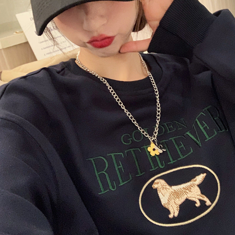 Korean Style Round-neck Pullover Women's Autumn And Winter New Loose Oversize Style Embroidery Cartoon Long-sleeved Versatile Top