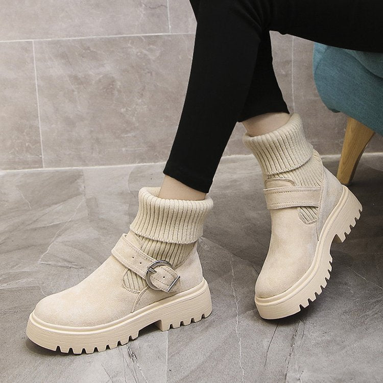 Women's Knitted Boot British Style Belt Buckle Ankle Boots Non-slip Thick Bottom Shoes Winter