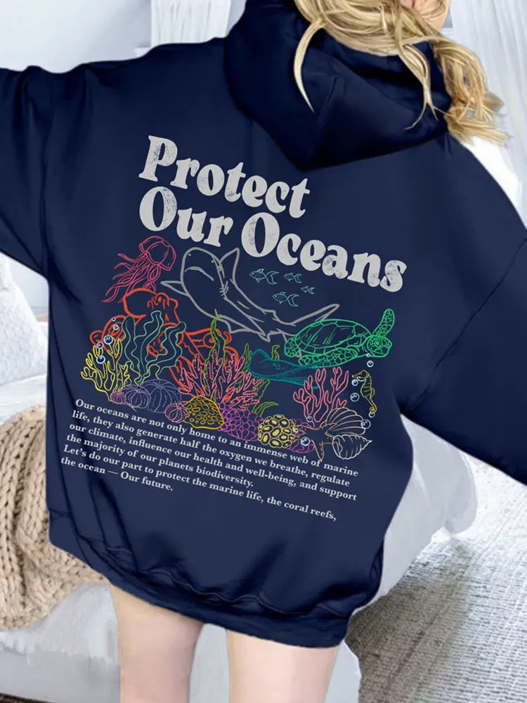 Sweater Women's Loose Protect Our Oceans Hoodie