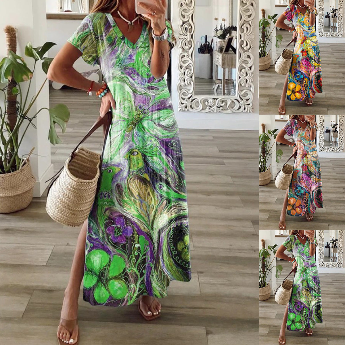 Women's V-neck Short Sleeve Multi-color Printing Dress