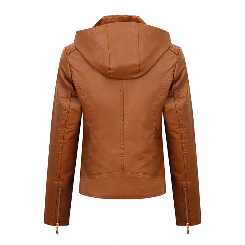 Plush Thickened Hooded Coat Winter Fashion Slim Zipper Leather Jacket With Pockets Long Sleeve Outwear Tops For Womens Clothing