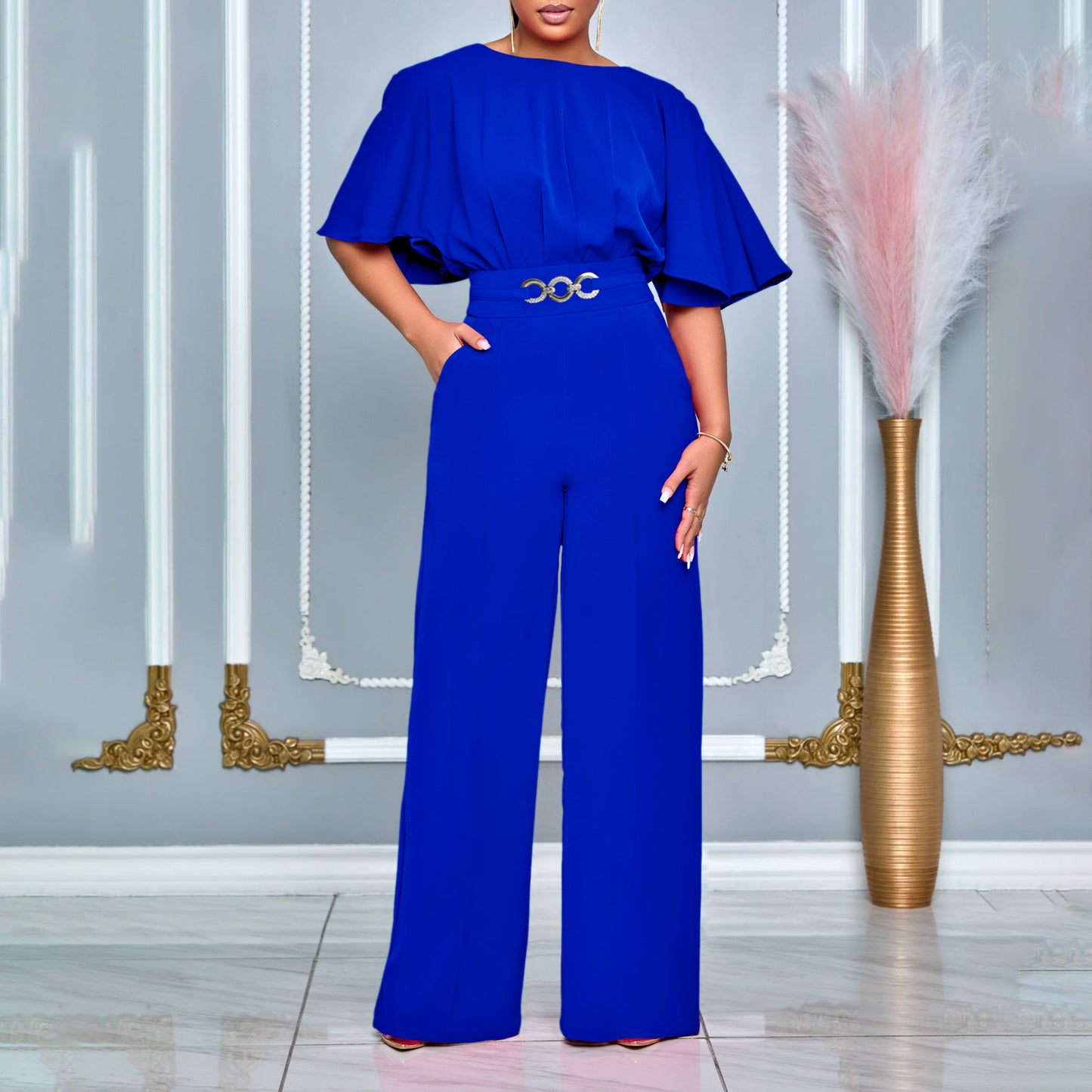 Fashion Round Neck Solid Color High Waist Plus Size African Wide Leg Jumpsuit