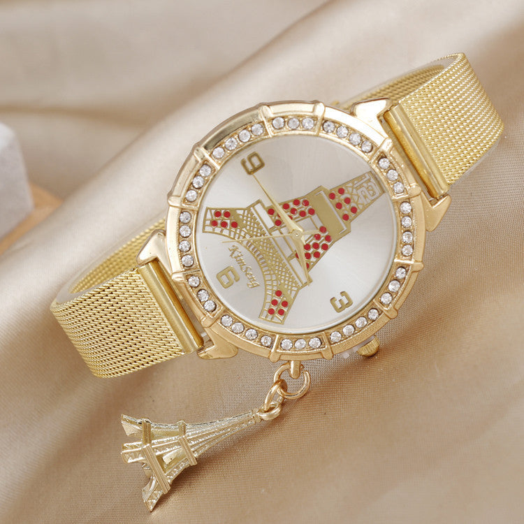 Simple Ladies Fashion Diamond-encrusted Steel Band Casual Gold Watch