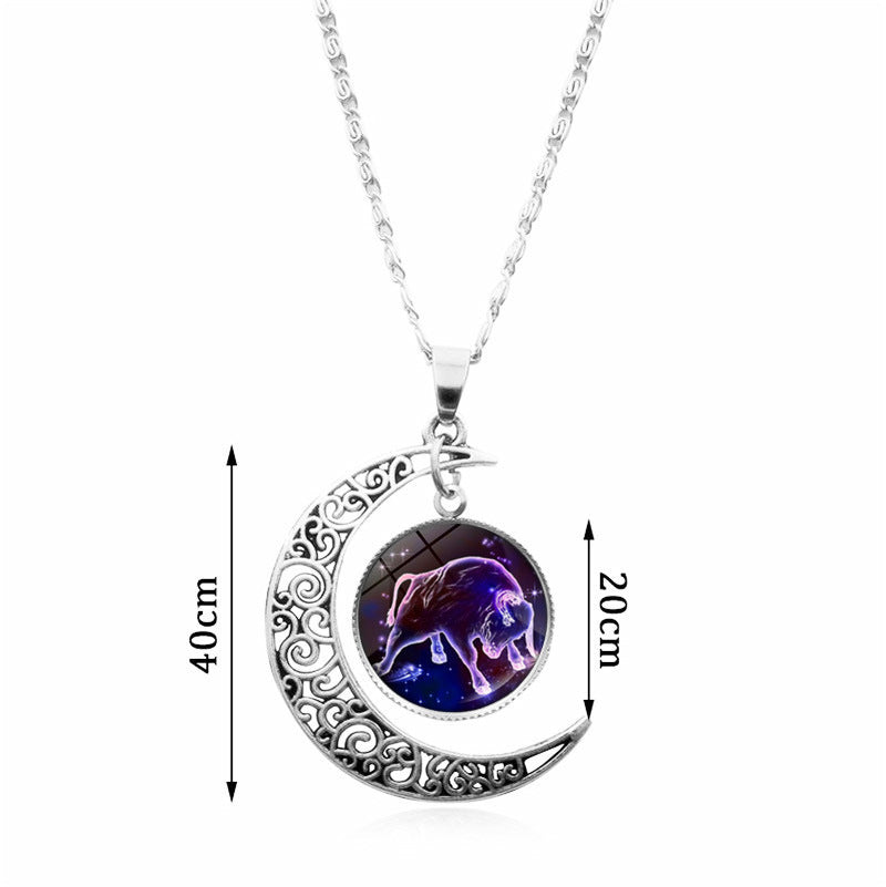 Starry Sky 12 Constellation Moon Necklace Time Gem