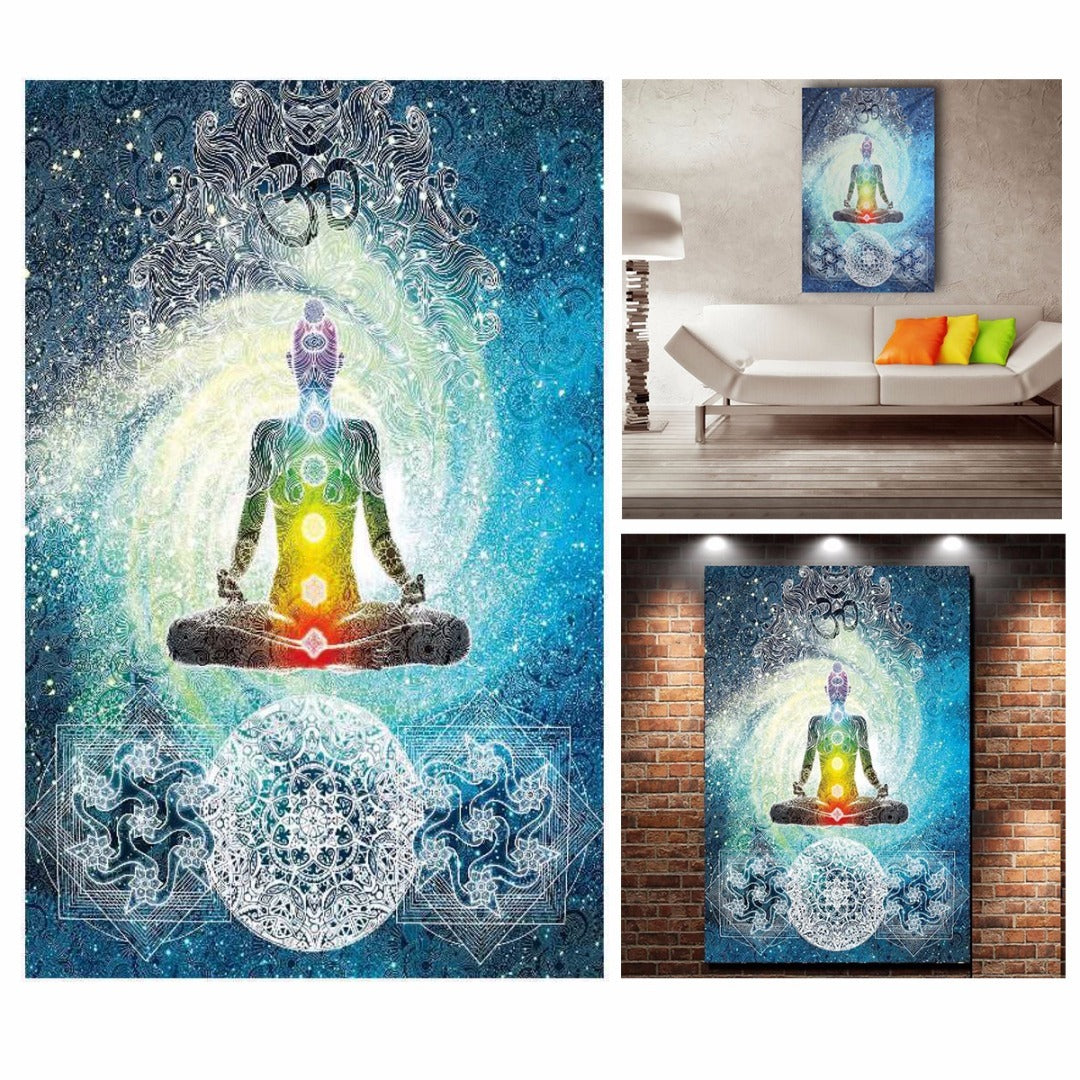 7 Chakra Buddha Wall Tapestry India Blue Tone Bed Cover