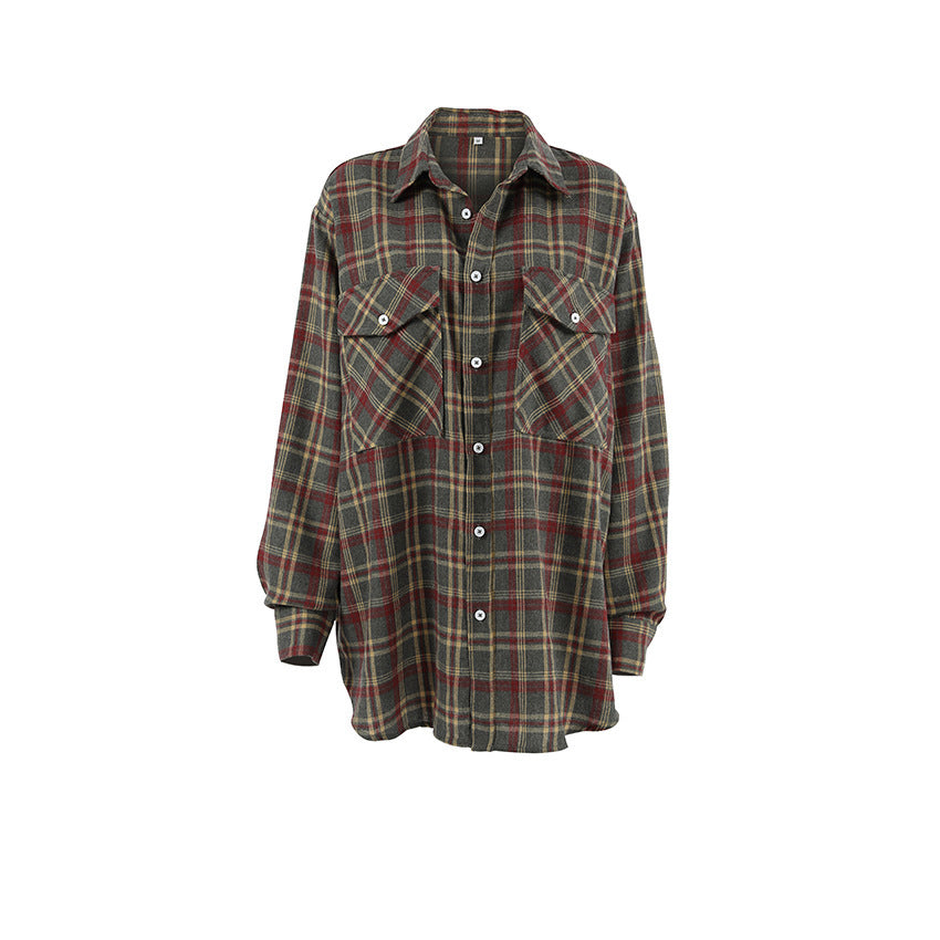 Retro Plaid Women's Shirt Minimalist Long Sleeve