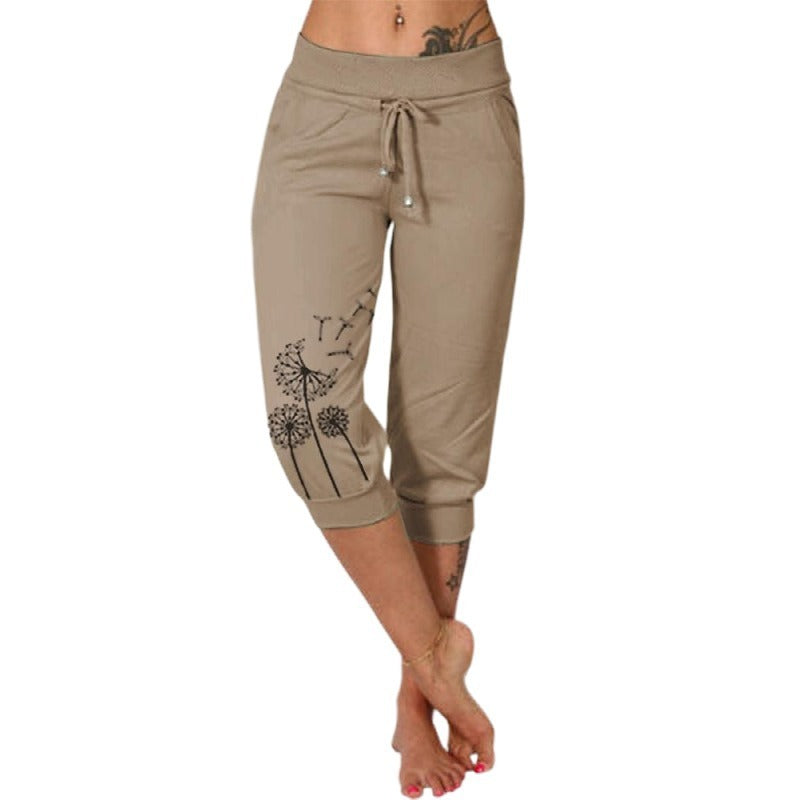 Casual Fashion Printing Loose High Waist Lace-up Cropped Pants