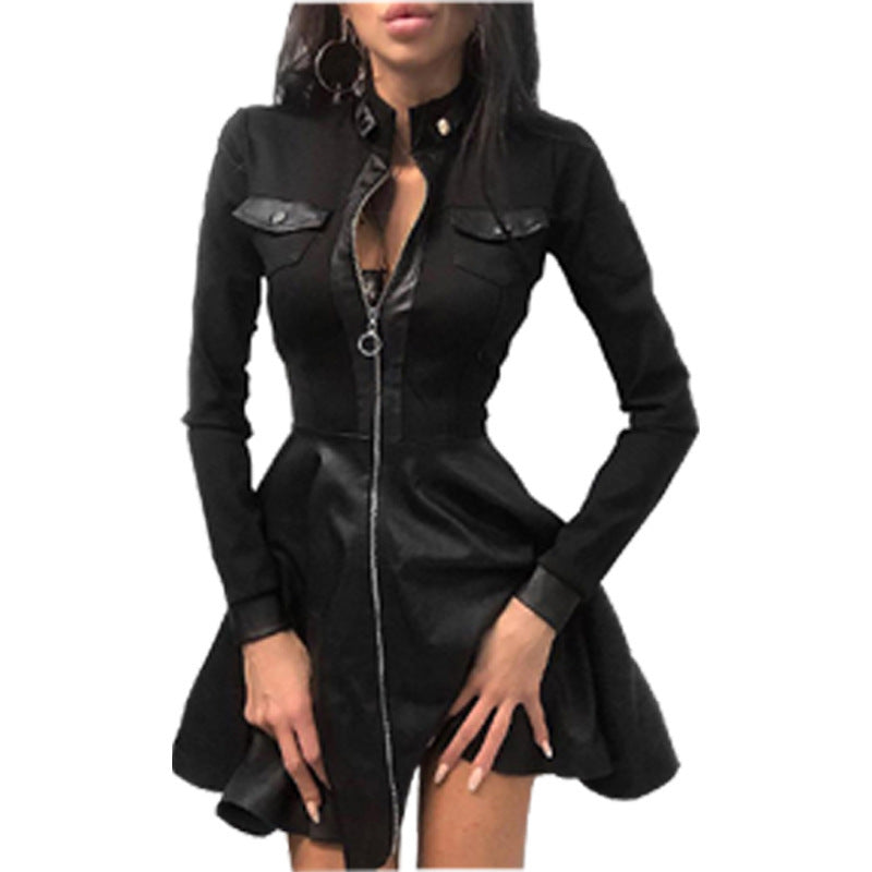 Long Sleeve V-neck Zipper Pu Pocket Dress Women's Clothing