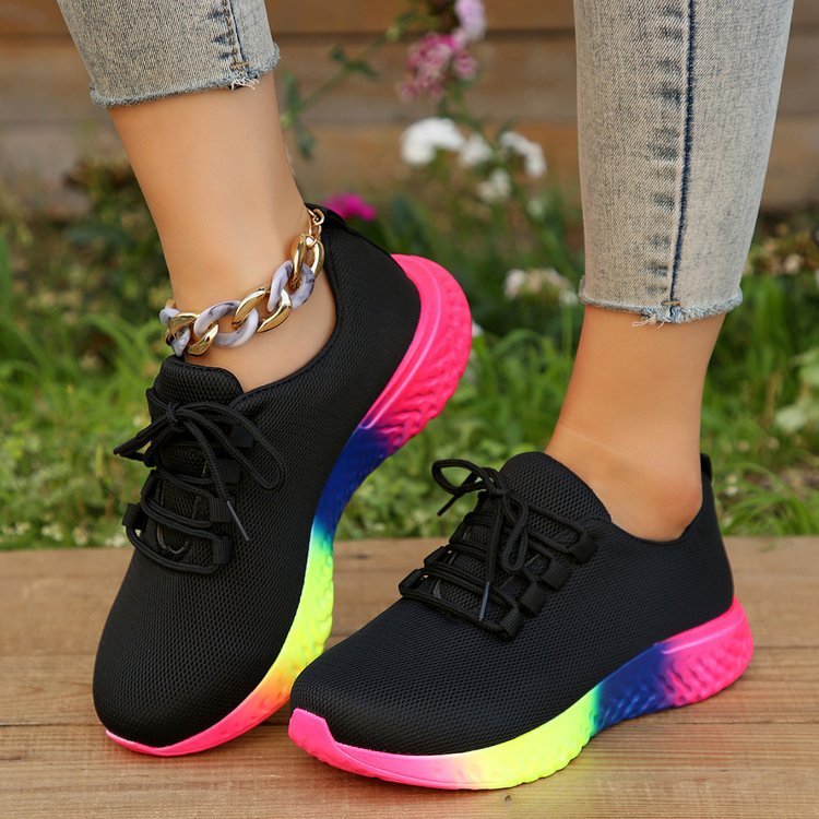 Lace-up Mesh Shoes With Rainbow Sole Design Fashion Walking Running Sports Shoes Sneakers For Women