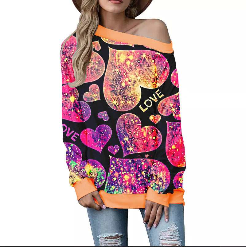 Women's Valentine's Day Pattern Printed Long Sleeve Loose Shoulder Sweater