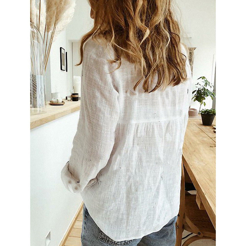 Solid Color Casual Loose Long Sleeve Linen Shirt