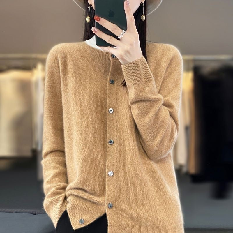 Fashion Merino Wool Cardigan Sweater Women O-Neck Long-sleeve Cashmere Knitwear Spring Autumn Female Clothing Tops