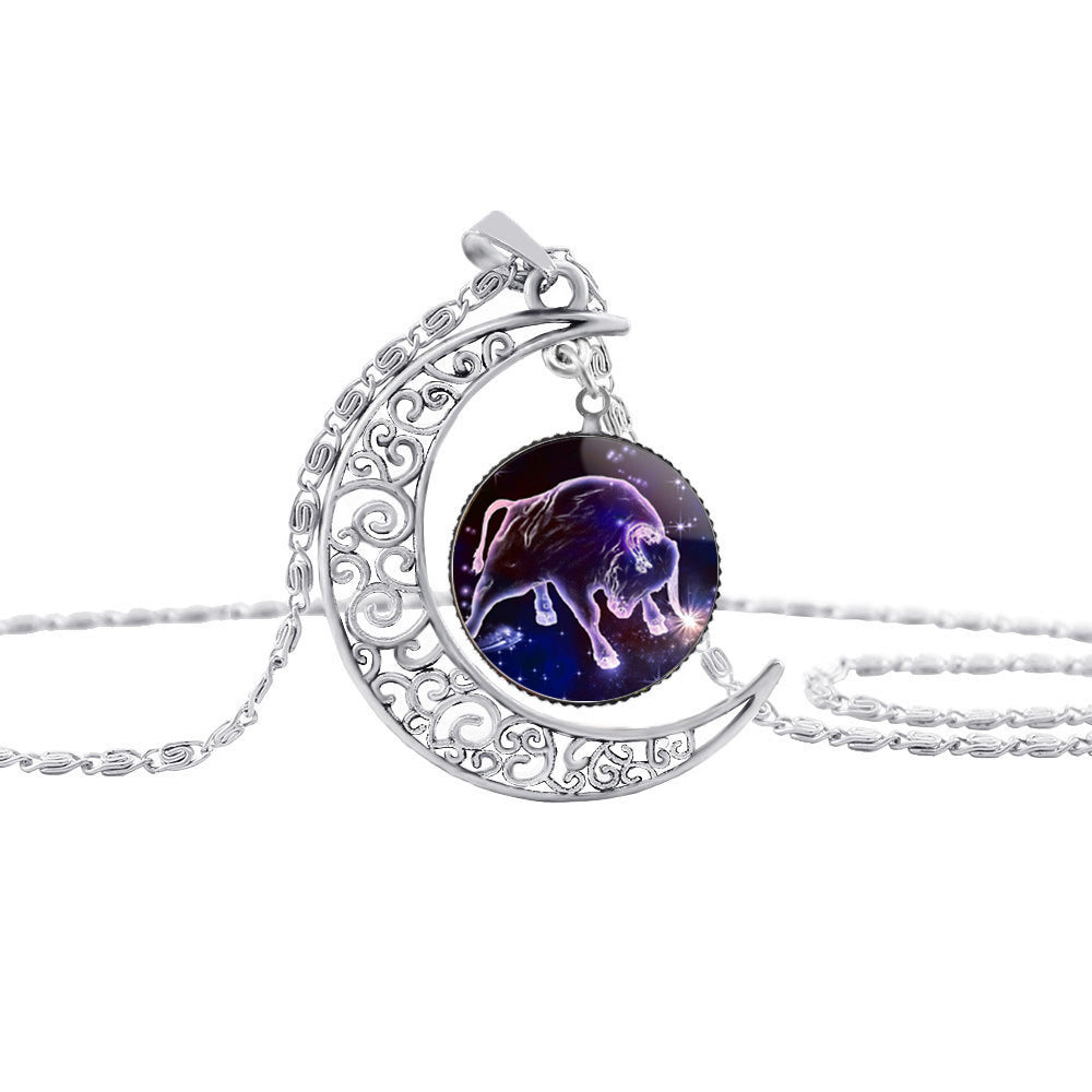 Starry Sky 12 Constellation Moon Necklace Time Gem