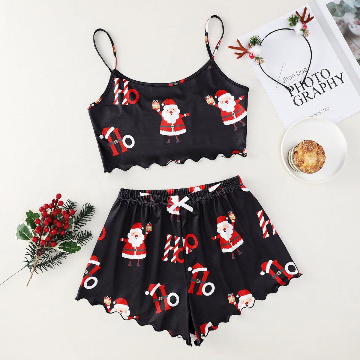 Christmas European And American Thin Pajamas Women's Sleeveless Shorts Milk Silk Simple Casual Two-piece Suit Homewear