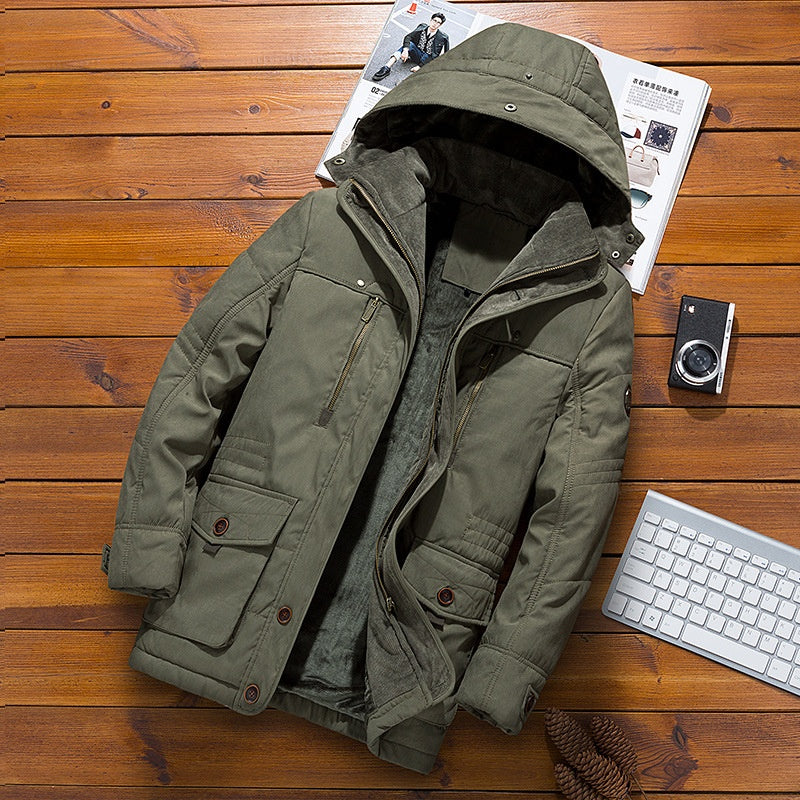 Thickened multi-pocket hooded men's cotton coat