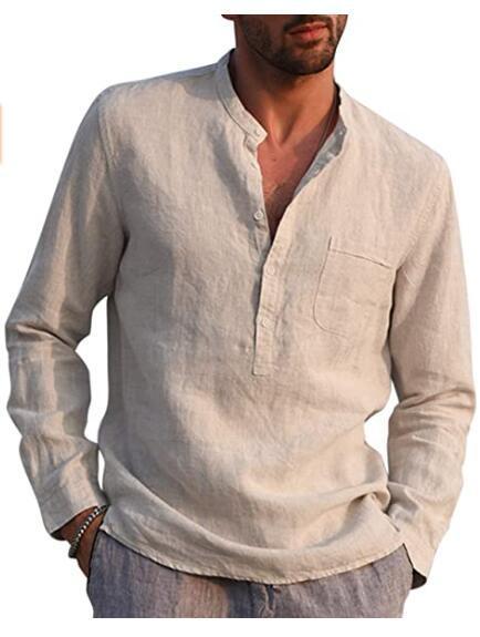 Men's Long Sleeved V Neck Casual Beach Linen Shirt For Men