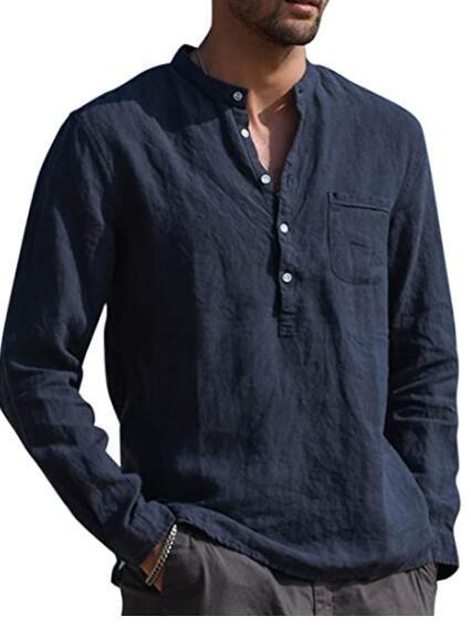 Men's Long Sleeved V Neck Casual Beach Linen Shirt For Men