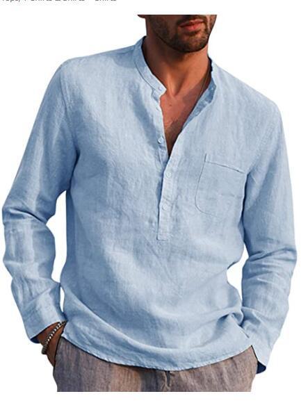 Men's Long Sleeved V Neck Casual Beach Linen Shirt For Men