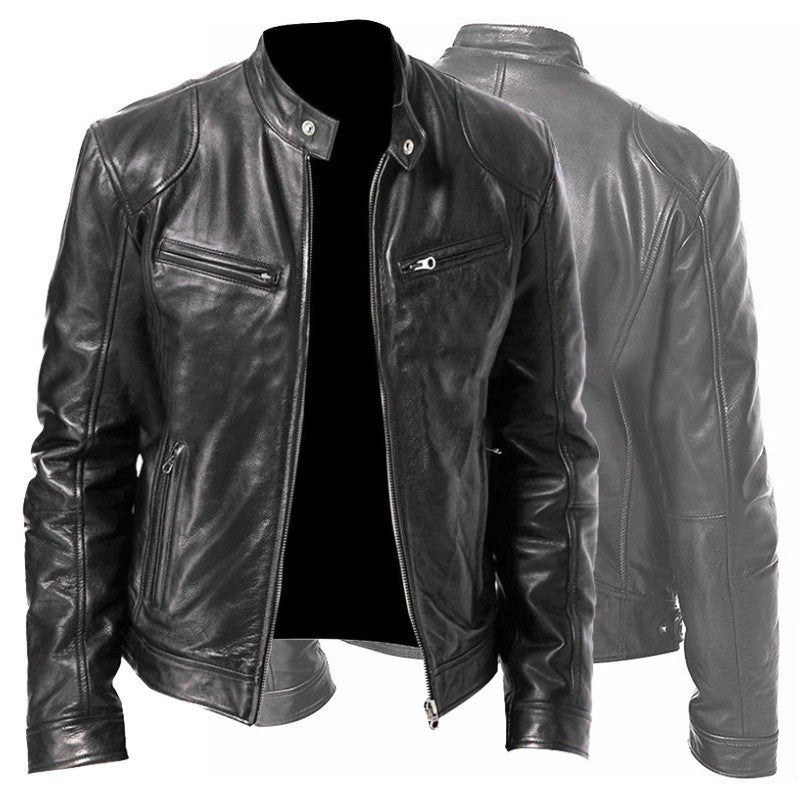 Men's Zip Cardigan PU Leather Jacket With Stand Collar