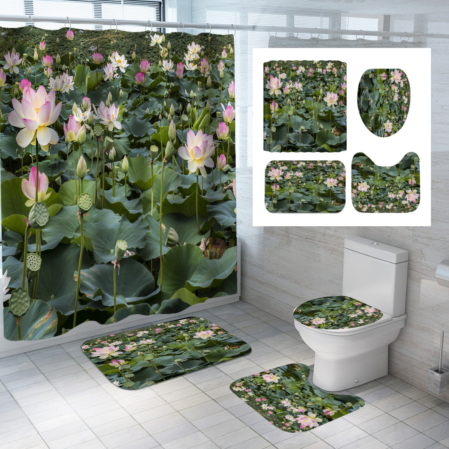 Lotus Series Shower Curtain Factory Direct Sales-Multiple Choices Of Flower Patterns-Polyester Printing-Customized Samples-Multiple Choices Of Sizes