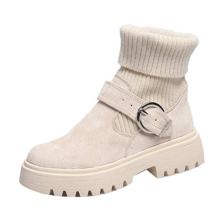 Women's Knitted Boot British Style Belt Buckle Ankle Boots Non-slip Thick Bottom Shoes Winter