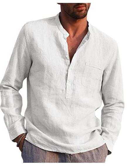 Men's Long Sleeved V Neck Casual Beach Linen Shirt For Men