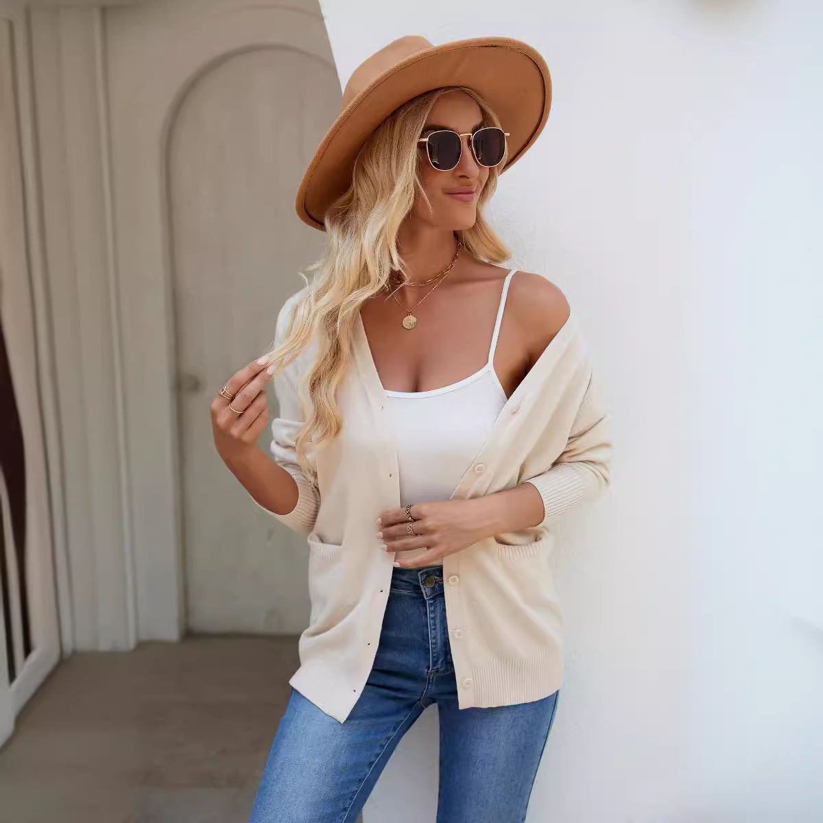 Knitted Cardigan Sweater Women V-neck Long Sleeve Single Breasted