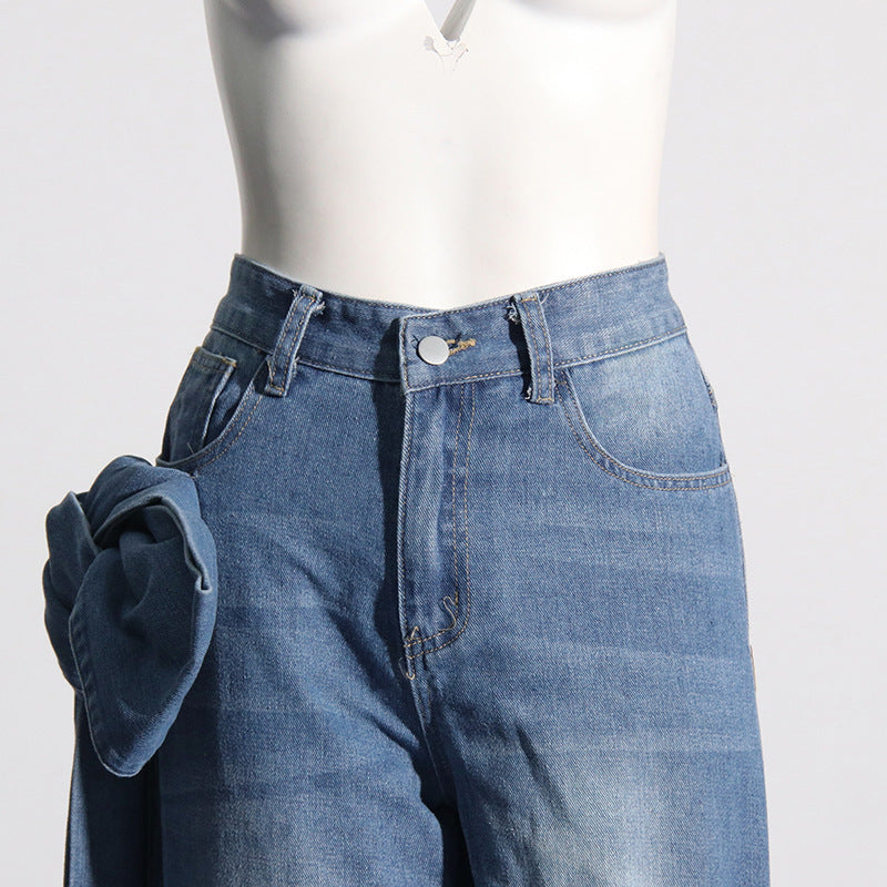 Women's Washed Distressed Stitching Bow Wide Leg Jeans