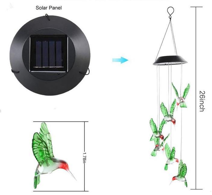 Color Changing Solar Power Wind Chime Crystal Ball Hummingbird Butterfly Waterproof Outdoor Windchime Light For Patio Yard Garde