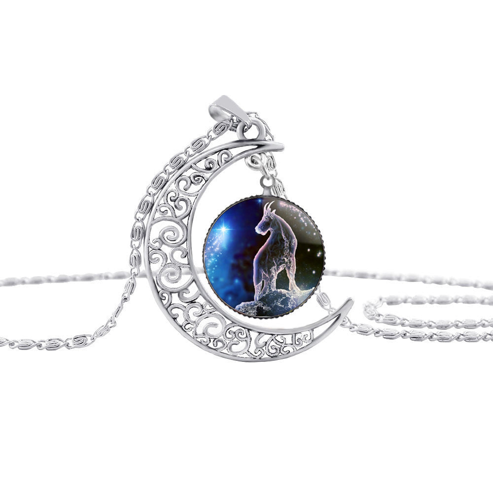 Starry Sky 12 Constellation Moon Necklace Time Gem