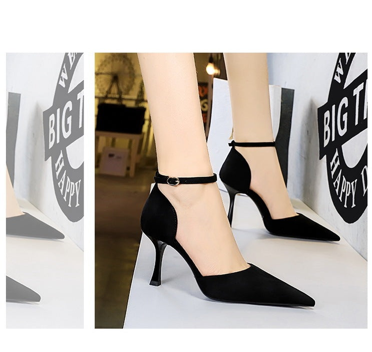 Simple Pedicure Slimming Suede Shallow Mouth Pointed-toe Hollowed Ankle-strap High Heel Women's Sandals