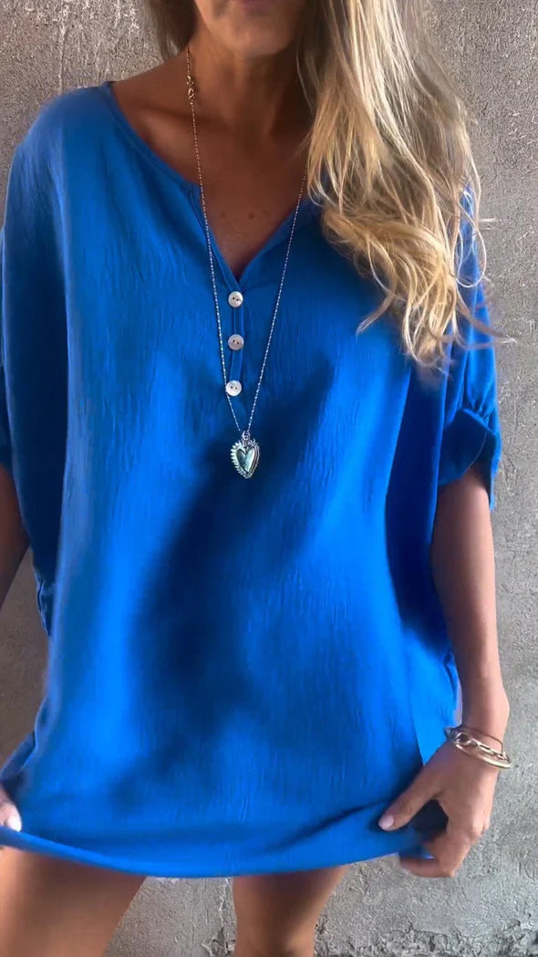 Solid Color Collarless Loose Casual Button Shirt