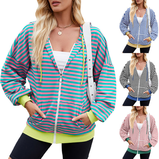 Striped Zipper Hooded Sweatshirt Fashion Loose Pockets Long-sleeved Jacket For Women Tops