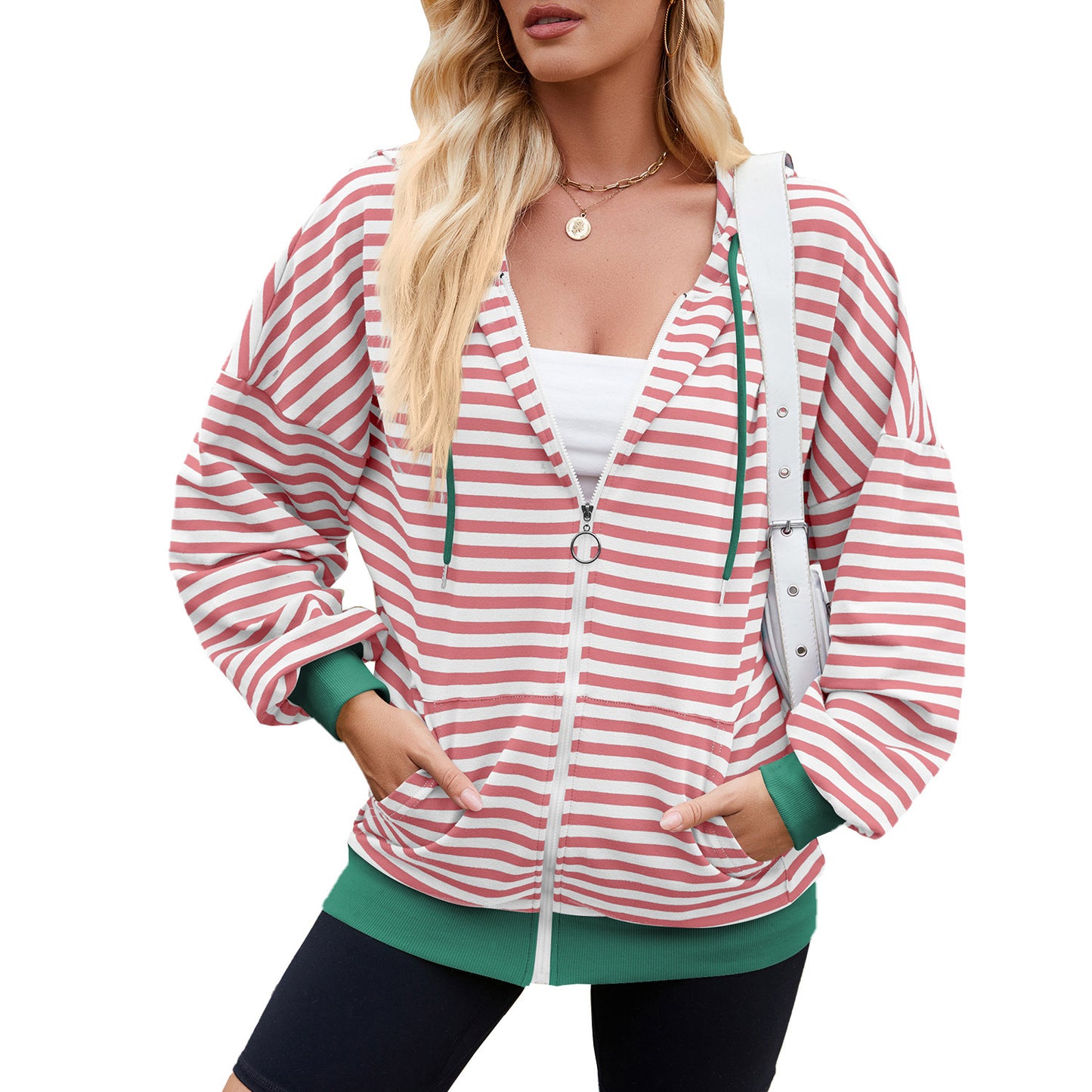 Striped Zipper Hooded Sweatshirt Fashion Loose Pockets Long-sleeved Jacket For Women Tops