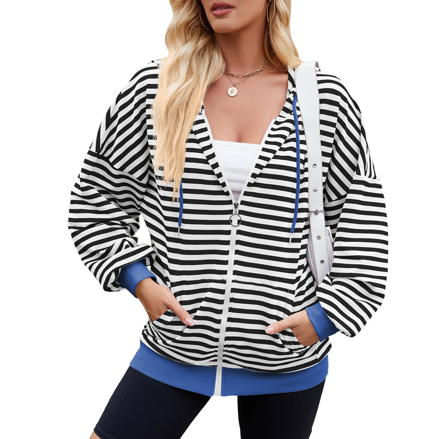 Striped Zipper Hooded Sweatshirt Fashion Loose Pockets Long-sleeved Jacket For Women Tops